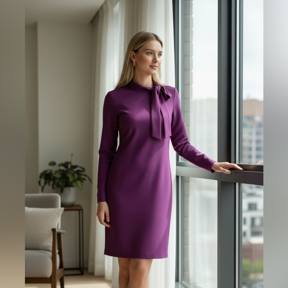 Calvin Klein Plum/Purple Long-Sleeve Tie-Neck Shift Dress